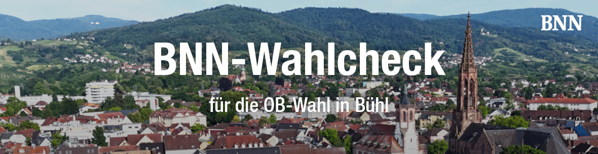 Luftbild von Bühl mit Aufschrift BNN-Wahlcheck fr die OB-Wahl in Bühl